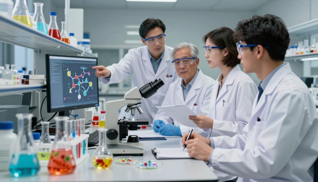 A serene laboratory setting focusing on the disciplines of biology and chemistry. In the foreground, a well-organized laboratory bench filled with colorful glassware, test tubes, and petri dishes brimming with vibrant microorganisms. A microscope is prominently placed, highlighting the detailed examination of biological samples. In the middle ground, a diverse group of three scientists, dressed in professional lab coats and safety goggles, are engaged in discussion over research notes. One is pointing towards a digital screen displaying intricate molecular structures. The background features shelves lined with textbooks on biology and chemistry, illuminated by soft, diffused lighting to create an inviting atmosphere. The overall mood is one of curiosity and collaboration in the pursuit of scientific knowledge.