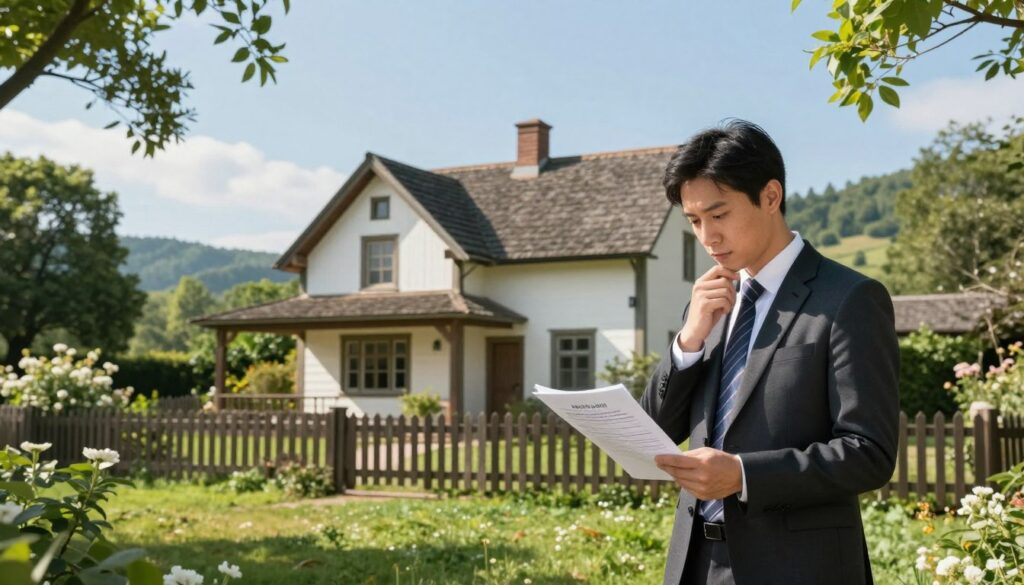 A serene landscape depicting a traditional rural property with a charming old house, surrounded by lush greenery and a clear blue sky. In the foreground, a well-dressed professional man in business attire stands thoughtfully, reviewing documents related to real estate claims. The middle ground features detailed elements such as a wooden fence and flowering bushes, emphasizing the age and history of the property. In the background, distant hills add depth to the scene, while soft sunlight creates a warm, inviting atmosphere. The image conveys a sense of contemplation and legitimacy in property ownership, highlighting themes of good faith and the passage of time. Use a slightly elevated angle to capture the entire composition, enhancing the story of land and its rightful ownership. A serene landscape depicting a traditional rural property with a charming old house, surrounded by lush greenery and a clear blue sky. In the foreground, a well-dressed professional man in business attire stands thoughtfully, reviewing documents related to real estate claims. The middle ground features detailed elements such as a wooden fence and flowering bushes, emphasizing the age and history of the property. In the background, distant hills add depth to the scene, while soft sunlight creates a warm, inviting atmosphere. The image conveys a sense of contemplation and legitimacy in property ownership, highlighting themes of good faith and the passage of time. Use a slightly elevated angle to capture the entire composition, enhancing the story of land and its rightful ownership.
