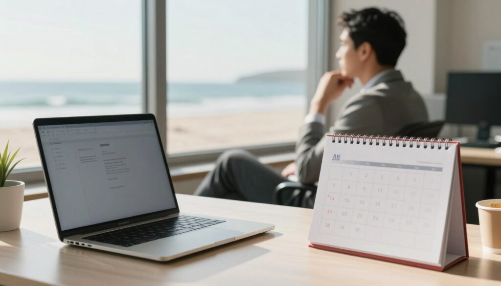 A serene office atmosphere depicting an unused vacation days scenario. In the foreground, a neatly organized desk with a closed laptop, a calendar marked with several unchecked vacation days, and a half-empty coffee cup. In the middle ground, an open window reveals a sunny beach scene outside, symbolizing relaxation, while faint sounds of waves can be imagined. In the background, a business professional in smart casual attire gazes thoughtfully out the window, contemplating the implications of unused holiday pay. Soft, natural light filters through the window, casting gentle shadows and creating a calm, reflective mood. The overall tone conveys a sense of both opportunity and regret, illustrating the importance of taking time off. A serene office atmosphere depicting an unused vacation days scenario. In the foreground, a neatly organized desk with a closed laptop, a calendar marked with several unchecked vacation days, and a half-empty coffee cup. In the middle ground, an open window reveals a sunny beach scene outside, symbolizing relaxation, while faint sounds of waves can be imagined. In the background, a business professional in smart casual attire gazes thoughtfully out the window, contemplating the implications of unused holiday pay. Soft, natural light filters through the window, casting gentle shadows and creating a calm, reflective mood. The overall tone conveys a sense of both opportunity and regret, illustrating the importance of taking time off.