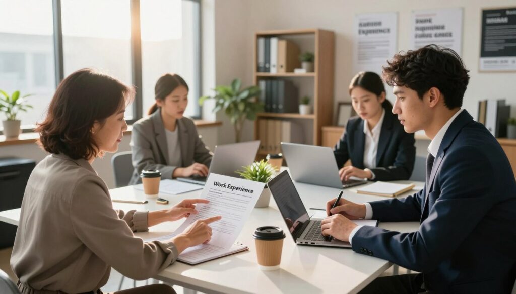 A serene office environment showcasing a diverse group of professionals engaged in a discussion about employment regulations. In the foreground, a middle-aged woman in smart casual attire points at a document titled "Work Experience" while a young man in a business suit takes notes. The middle ground features a modern conference table with laptops and coffee cups, and a small potted plant adds a touch of greenery. In the background, large windows let in warm sunlight, illuminating a well-organized office filled with bookshelves and motivational posters about career growth. The atmosphere is collaborative and focused, capturing the essence of a productive meeting on understanding work experience calculations. The composition has soft lighting to create an inviting and professional mood, shot from a slightly elevated angle for depth. A serene office environment showcasing a diverse group of professionals engaged in a discussion about employment regulations. In the foreground, a middle-aged woman in smart casual attire points at a document titled "Work Experience" while a young man in a business suit takes notes. The middle ground features a modern conference table with laptops and coffee cups, and a small potted plant adds a touch of greenery. In the background, large windows let in warm sunlight, illuminating a well-organized office filled with bookshelves and motivational posters about career growth. The atmosphere is collaborative and focused, capturing the essence of a productive meeting on understanding work experience calculations. The composition has soft lighting to create an inviting and professional mood, shot from a slightly elevated angle for depth.