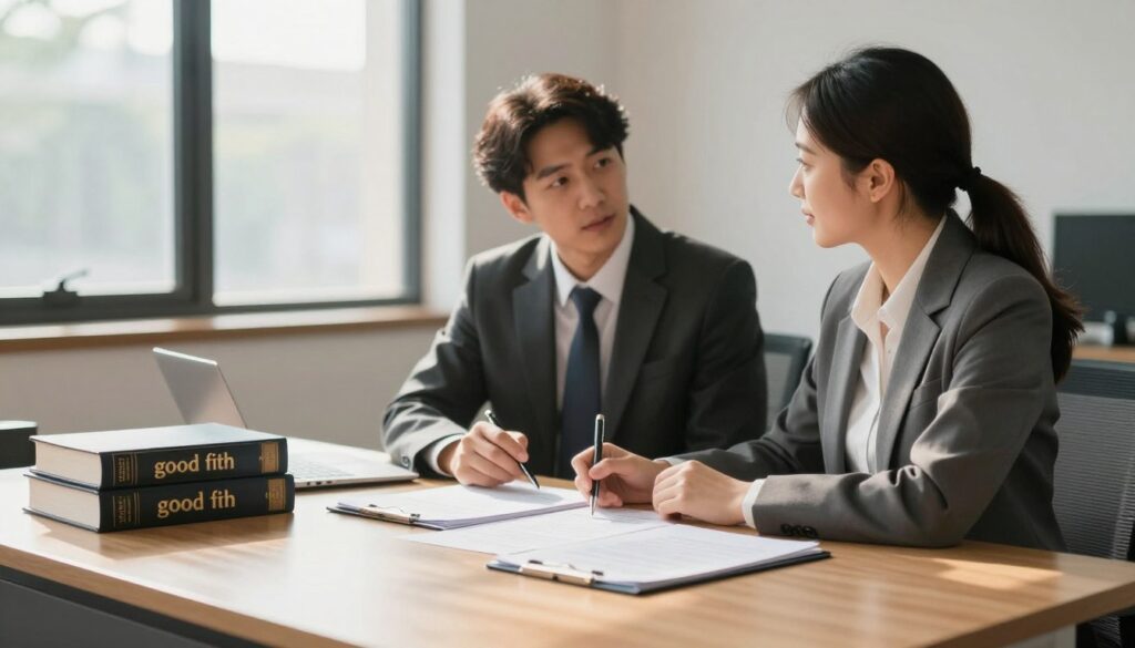 A serene office setting, featuring a wooden desk in the foreground adorned with documents and legal books that symbolize "good faith" in legal terms. In the middle ground, two professionals in smart business attire, a man and a woman, are engaged in a thoughtful discussion, reflecting a collaborative examination of legal principles. In the background, large windows allow natural sunlight to flood the room, casting soft shadows and creating a warm atmosphere. The lighting is bright yet soft, emphasizing the focus on the human interaction and the legal documents. The scene embodies an atmosphere of professionalism, integrity, and the pursuit of justice, while showcasing the essence of "good faith" in legal contexts. A serene office setting, featuring a wooden desk in the foreground adorned with documents and legal books that symbolize "good faith" in legal terms. In the middle ground, two professionals in smart business attire, a man and a woman, are engaged in a thoughtful discussion, reflecting a collaborative examination of legal principles. In the background, large windows allow natural sunlight to flood the room, casting soft shadows and creating a warm atmosphere. The lighting is bright yet soft, emphasizing the focus on the human interaction and the legal documents. The scene embodies an atmosphere of professionalism, integrity, and the pursuit of justice, while showcasing the essence of "good faith" in legal contexts.