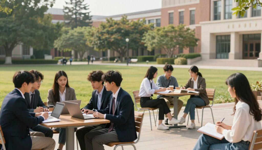A serene university campus scene divided into two sections to illustrate full-time and part-time study semesters. In the foreground, a diverse group of students in professional business attire are engaged in discussions, holding laptops and notebooks, representing full-time students. The middle ground features students in a more casual but still modest attire, sitting at tables with books and coffee, symbolizing part-time learners. The campus is bathed in soft afternoon light, with a backdrop of trees and academic buildings, creating a peaceful yet vibrant atmosphere. Use a wide-angle lens to capture the interaction and environment, emphasizing the coexistence of both study modes. The overall mood is focused and studious, celebrating academic life.