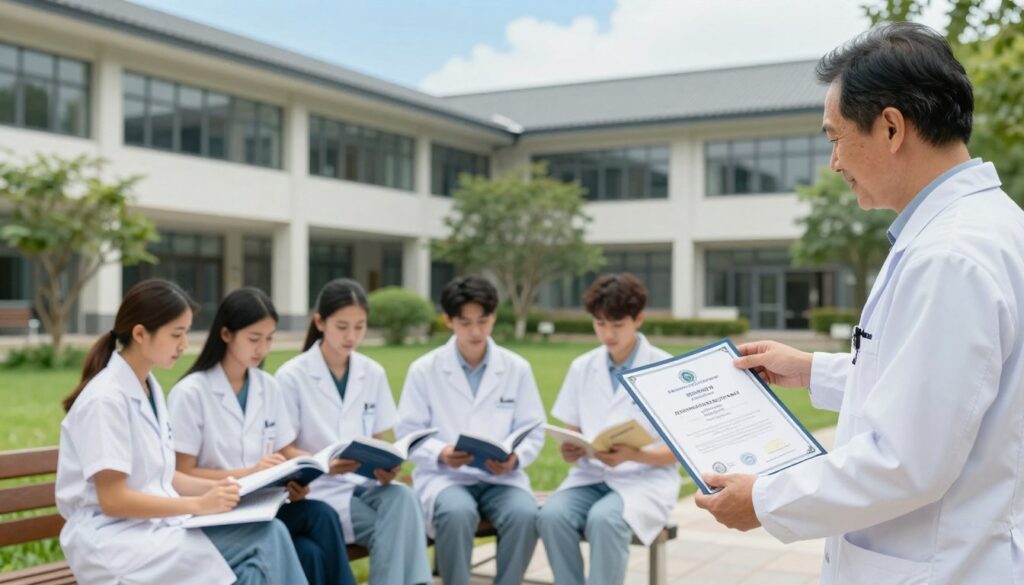A serene university courtyard focused on veterinary education, featuring a diverse group of students in professional attire, engaged in discussion near a modern educational building. In the foreground, a friendly veterinary professor points to an accreditation certificate, demonstrating the importance of quality education. In the middle ground, students sit at benches studying veterinary textbooks, illustrating active learning. The background showcases lush greenery and a clear blue sky, suggesting a peaceful, inspiring atmosphere. Soft, natural lighting enhances the scene, creating an inviting ambiance. The perspective is slightly angled to capture both the professor and students, highlighting collaboration in their academic journey. The overall mood conveys trust and professionalism in the accreditation process for veterinary studies. A serene university courtyard focused on veterinary education, featuring a diverse group of students in professional attire, engaged in discussion near a modern educational building. In the foreground, a friendly veterinary professor points to an accreditation certificate, demonstrating the importance of quality education. In the middle ground, students sit at benches studying veterinary textbooks, illustrating active learning. The background showcases lush greenery and a clear blue sky, suggesting a peaceful, inspiring atmosphere. Soft, natural lighting enhances the scene, creating an inviting ambiance. The perspective is slightly angled to capture both the professor and students, highlighting collaboration in their academic journey. The overall mood conveys trust and professionalism in the accreditation process for veterinary studies.