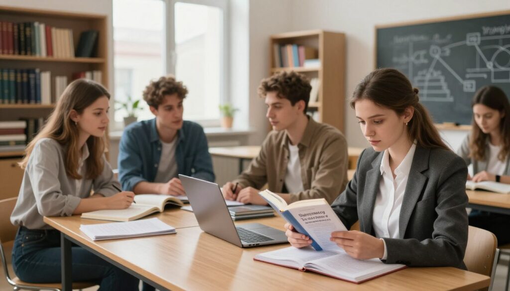 A serene university study room dedicated to psychology in Poland, showcasing a diverse group of students engaged in study and collaboration. In the foreground, a focused young woman in professional attire reading a psychology textbook, surrounded by notebooks and a laptop. In the middle ground, a male student discussing with peers, all dressed in smart casuals, with various textbooks and research materials spread across the table. The background highlights shelves filled with psychology books, a chalkboard with diagrams, and large windows allowing soft, natural light to illuminate the atmosphere. The setting conveys a sense of scholarly dedication and teamwork, with warm tones that evoke a sense of curiosity and inspiration.