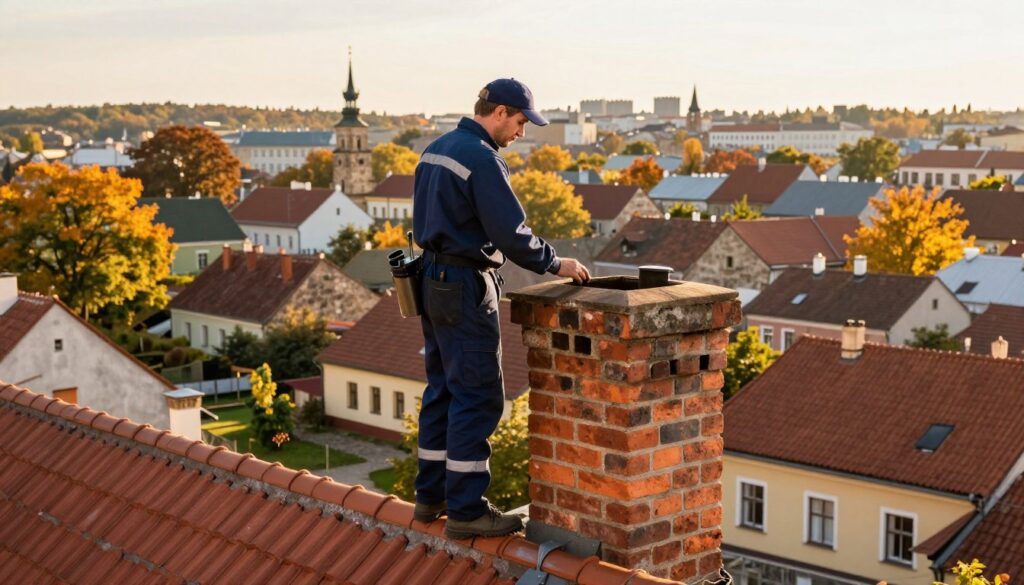 A skilled chimney sweep in Poland, dressed in a professional dark blue uniform, stands proudly in the foreground, inspecting a traditional brick chimney with care. The middle ground features a quaint Polish town with picturesque houses, showcasing distinctive architecture, and vibrant autumn foliage. In the background, the outline of a greater city skyline hints at bustling opportunities for chimney sweeps. The scene is illuminated by warm, golden sunlight, creating a welcoming atmosphere. The angle is slightly elevated to capture the character of the town while focusing on the sweep's meticulous work. Overall, the image conveys a sense of professionalism, tradition, and the unique charm of chimney sweeping in Poland, reflecting on where chimney sweeps might find higher earnings.