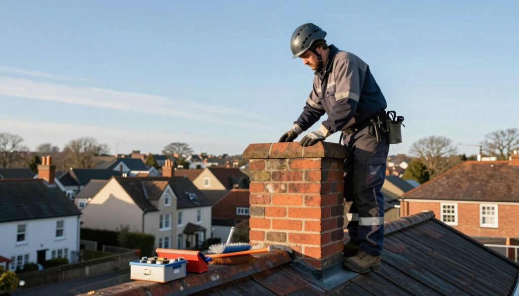 A skilled chimney sweep standing on a rooftop, wearing a professional uniform with safety gloves and a helmet, meticulously inspecting a brick chimney. In the foreground, you can see the tools of the trade, such as a chimney brush and a smoke test kit, neatly arranged on the edge of the roof. The middle ground features a scenic view of a quaint town with charming homes and a clear blue sky. Soft, natural lighting enhances the scene, illuminating the chimney sweep and the surrounding architecture. The atmosphere is industrious yet calm, capturing the essence of chimney services and the seasonal nature of the work. This image should reflect professionalism and expertise in the field of chimney services.