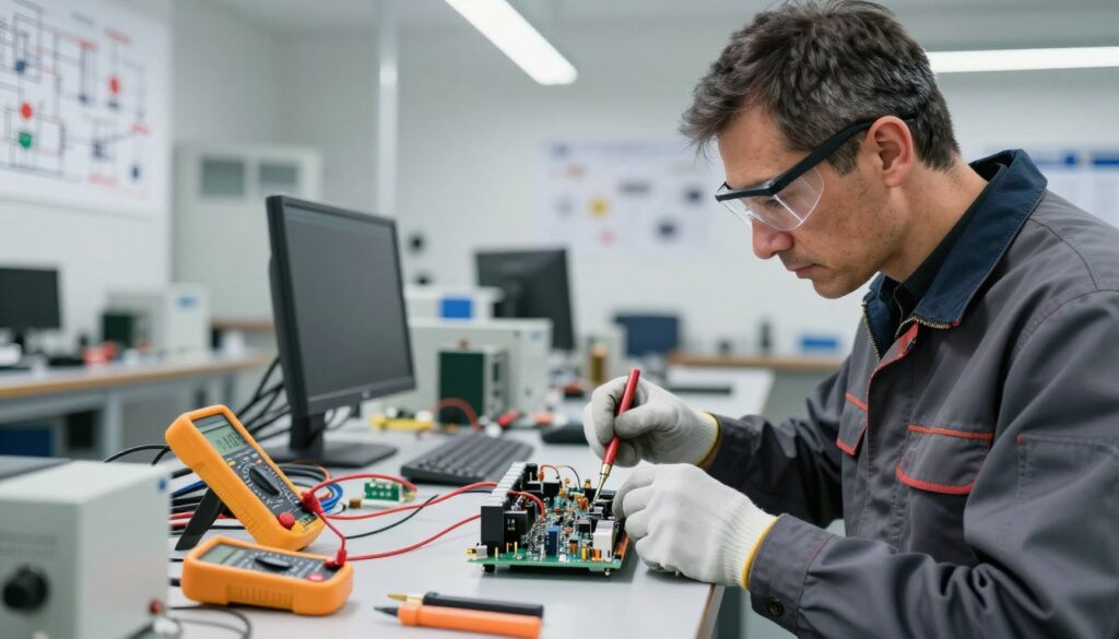 A skilled elektromechanik in a modern workshop, focused on repairing a complex electrical device. In the foreground, the elektromechanik, a middle-aged individual wearing professional work attire with safety goggles and gloves, is attentively examining the device with tools in hand. In the middle ground, various tools like multimeters, circuit boards, and wires are organized on a workbench. The background showcases a well-lit workshop filled with technical equipment, such as a computer, electromechanical machinery, and posters of electrical schematics on the walls. The lighting is bright, with soft shadows creating a professional atmosphere, and the angle is a slightly tilted close-up to emphasize the elektromechanik's concentration and expertise. The overall mood is industrious and technical, capturing the essence of this profession.