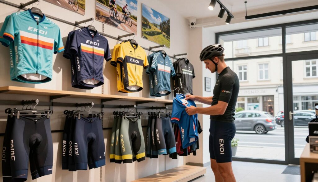 A sleek Ekoi cycling apparel boutique in Poland, showcasing vibrant cycling jerseys, shorts, and gear hanging artistically on modern racks. In the foreground, a cyclist in professional cycling attire examines a fitted jersey, highlighting the quality and design of the Ekoi brand. The middle ground displays a well-lit, inviting store space with posters of cycling events and Polish landscapes on the walls, accentuating the brand’s connection to the local cycling community. In the background, a glimpse of a bustling city street through large glass windows adds life to the scene. Soft, natural lighting from the windows creates a warm, enthusiastic atmosphere, ideal for inspiring both casual and competitive cyclists. Use a low angle to capture the cyclist’s focus on the apparel, inviting viewers into the Ekoi experience.