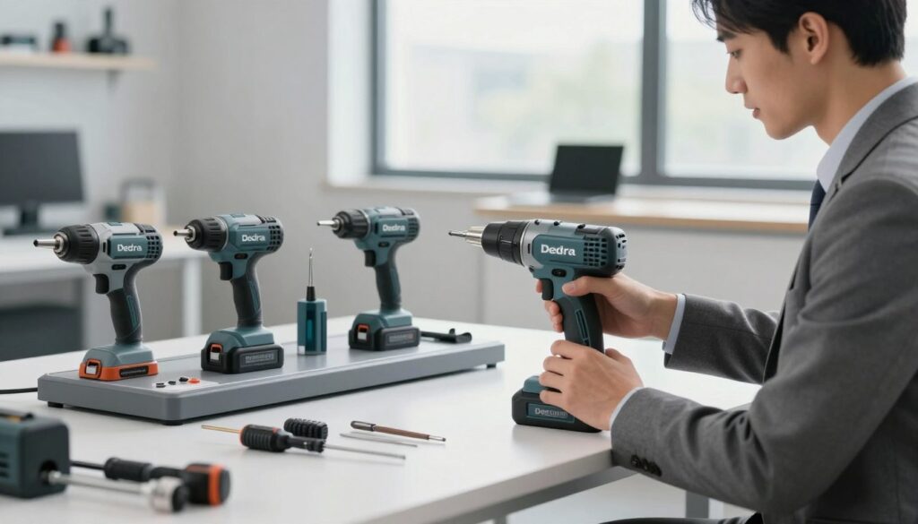 A sleek modern workspace featuring advanced tools and equipment from the Dedra brand. In the foreground, a professional-looking individual in business attire examines a state-of-the-art power tool, showcasing innovation and quality. The mid-ground includes a well-organized display of various Dedra tools, highlighting their modern design and functionality. The background features a workshop setting with soft, natural lighting filtering through large windows, creating a bright and inviting atmosphere. The scene conveys a sense of progress and efficiency, with a focus on how Dedra’s offerings meet customer needs through contemporary solutions. Capture the mood of professionalism and reliability, with a clear emphasis on cutting-edge technology.