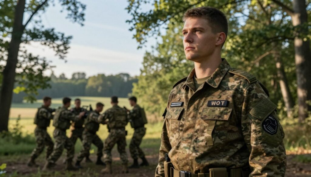 A soldier from the Territorial Defense Forces (WOT) standing proudly in a forested area, symbolizing resilience and duty. The soldier, dressed in a professional military uniform, has a contemplative expression, reflecting thoughts about salary and service conditions. In the foreground, the soldier is in sharp focus, showcasing details like badges and gear. The middle of the image features a lightly blurred group of fellow soldiers engaged in teamwork exercises, representing camaraderie and collective effort. In the background, a serene landscape of trees and a clear sky contributes to a motivational atmosphere. The lighting is warm and inviting, suggesting morning sunlight filtering through the leaves, enhancing the mood of dedication and purpose. The angle is slightly low, emphasizing the soldier's stature and importance.