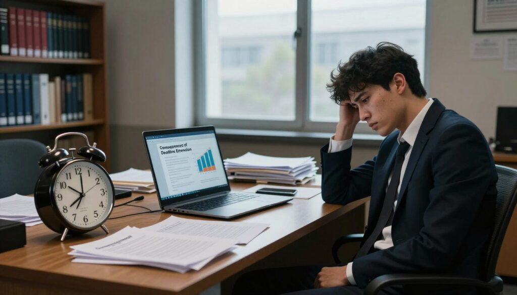 A somber and reflective office environment, showcasing a university office with a large wooden desk cluttered with papers, a laptop, and a clock showing an impending deadline. In the foreground, a stressed student in professional attire, sitting on a chair with a worried expression, glancing at the clock. In the middle ground, an open laptop displaying a presentation slide titled "Consequences of Deadline Extension" with graphs and bullet points. The background features bookshelves filled with academic texts and a large window letting in soft, diffused natural light. The mood is tense, reflecting the anxiety and pressure of approaching graduation deadlines and the seriousness of missing them, with shadows adding depth and urgency to the scene.