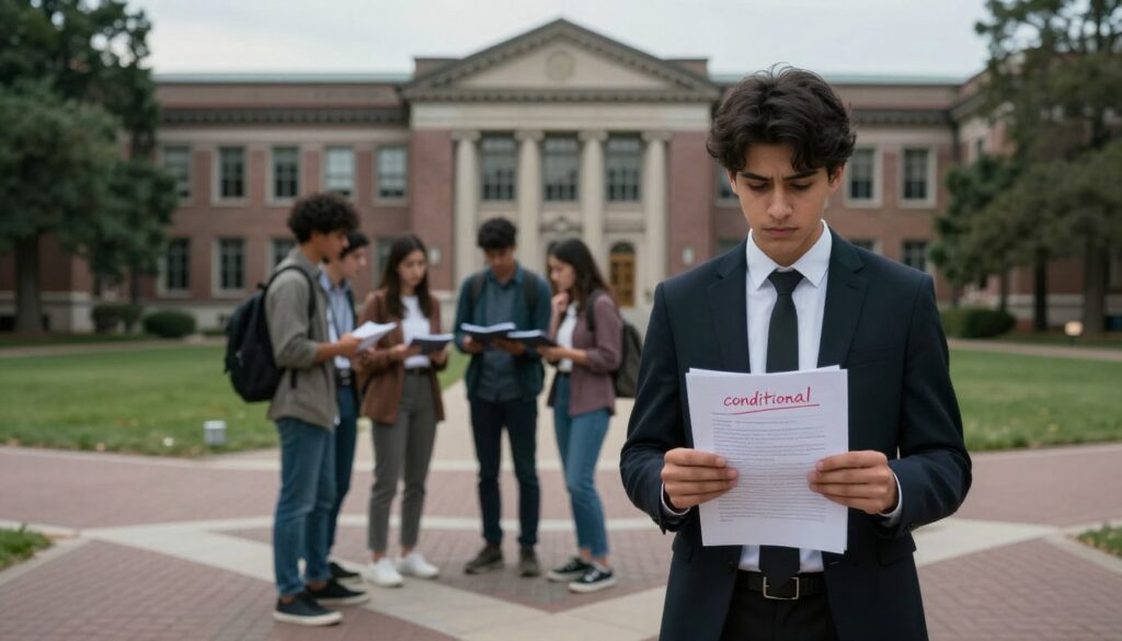 A somber and reflective university scene depicting the consequences of academic conditions on a student's journey. In the foreground, a student in professional attire stands at a crossroads in a university courtyard, anxiously holding a report card with a red "conditional" mark. In the middle ground, a diverse group of students engaged in discussions, some showing concern while others provide support, illustrating camaraderie amidst challenges. The background features an old university building with classic architecture, under a soft, overcast sky that conveys a mood of contemplation. The lighting is muted but focused on the student in the foreground, symbolizing the weight of academic pressures. The overall atmosphere should evoke a sense of seriousness, determination, and hope for progression despite setbacks.