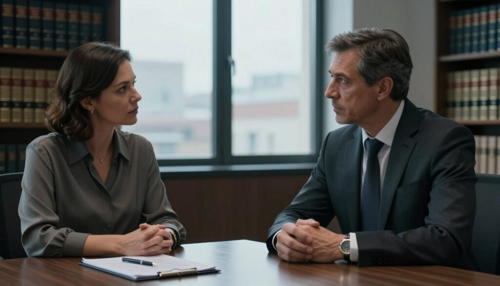 A somber office setting conveys the theme of a "termination of a life estate agreement." In the foreground, a middle-aged couple in professional attire – the woman in a tailored blouse and the man in a smart suit – sit at a conference table. Their expressions are serious, reflecting the tension of a difficult conversation. On the table, visible legal documents and a pen emphasize the formal nature of their discussion. In the middle ground, a window reveals a blurred view of an urban landscape, suggesting the outside world and the weight of their decision. Soft, overcast lighting filters through the window, creating a moody atmosphere that underscores the emotional stakes of their situation. The background holds a bookshelf filled with law books, enhancing the professional environment. A somber office setting conveys the theme of a "termination of a life estate agreement." In the foreground, a middle-aged couple in professional attire – the woman in a tailored blouse and the man in a smart suit – sit at a conference table. Their expressions are serious, reflecting the tension of a difficult conversation. On the table, visible legal documents and a pen emphasize the formal nature of their discussion. In the middle ground, a window reveals a blurred view of an urban landscape, suggesting the outside world and the weight of their decision. Soft, overcast lighting filters through the window, creating a moody atmosphere that underscores the emotional stakes of their situation. The background holds a bookshelf filled with law books, enhancing the professional environment.