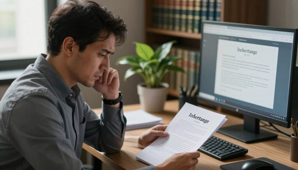 A somber office setting conveys the theme of "rejecting an inheritance." In the foreground, a man in professional business attire sits at a desk, looking contemplative and slightly distressed as he examines a stack of legal documents labeled "Inheritance." A subtle angle from slightly above provides a view of his furrowed brow, illustrating his emotional turmoil. In the middle ground, a potted plant adds a touch of life, and a computer screen displays an official email notification about the inheritance. The background shows shelves filled with law books, enhancing the legal theme. Soft, natural lighting filters through a window, casting gentle shadows and creating an atmosphere of introspection and seriousness, evoking the weight of the decision.