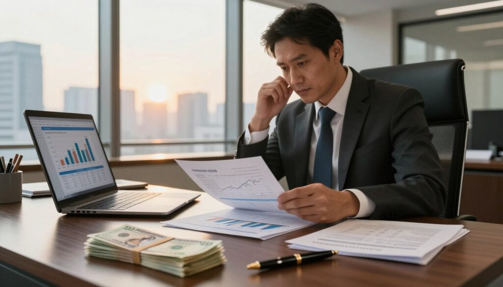 A sophisticated office setting showcasing an elegant desk with financial documents, a high-end laptop displaying charts and graphs related to bank executive salaries. In the foreground, a neatly arranged pile of currency notes and a luxurious pen are visible. The middle ground features a professional male bank president in formal attire, confidently reviewing the financial data, with a thoughtful expression on his face. In the background, large windows reveal a city skyline, bathed in warm, golden hour lighting, creating a successful and aspirational atmosphere. The scene conveys a sense of authority and professionalism, ideal for discussing banking leadership and remuneration in 2024. A sophisticated office setting showcasing an elegant desk with financial documents, a high-end laptop displaying charts and graphs related to bank executive salaries. In the foreground, a neatly arranged pile of currency notes and a luxurious pen are visible. The middle ground features a professional male bank president in formal attire, confidently reviewing the financial data, with a thoughtful expression on his face. In the background, large windows reveal a city skyline, bathed in warm, golden hour lighting, creating a successful and aspirational atmosphere. The scene conveys a sense of authority and professionalism, ideal for discussing banking leadership and remuneration in 2024.