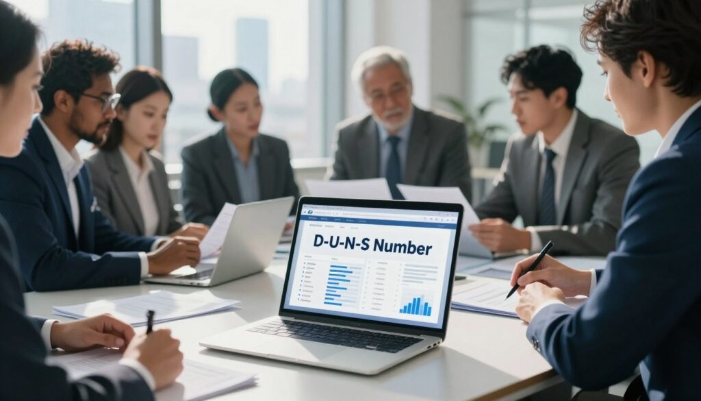 A sophisticated office setting showcasing the concept of the D-U-N-S number, with a sleek desk in the foreground that features a modern laptop displaying a digital dashboard about business data. In the middle ground, a diverse group of professionals in business attire are engaged in a collaborative discussion, reviewing documentation with analytical expressions. The background includes a large window with cityscape views, letting in natural light that creates a bright and energetic atmosphere. Soft shadows and reflections enhance depth, while a professional color palette of blues and greys emphasizes trust and stability. The overall mood conveys insight, professionalism, and the importance of accurate business identification.