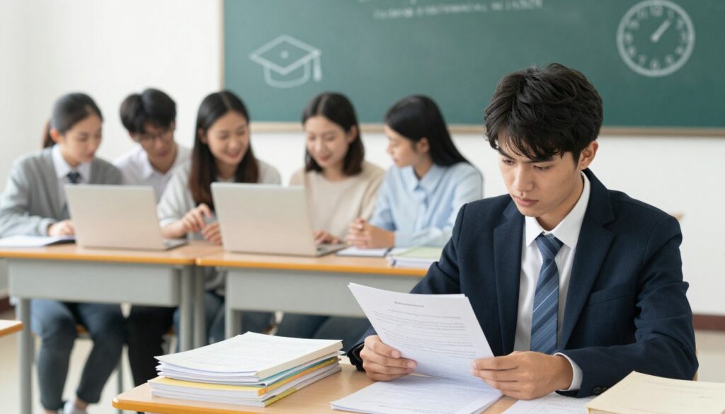 A split scene illustrating the contrast between an exam and a pass/fail assessment in a university setting. In the foreground, a serious student sitting at a desk covered with papers and textbooks, looking intently at a test sheet, dressed in professional attire. The middle section shows a relaxed group of students discussing a project, smiling and surrounded by laptops and notes, reflecting a collaborative environment for a pass/fail assessment. In the background, a chalkboard depicting academic symbols such as a graduation cap and a clock showing exam deadlines. Soft, natural lighting to evoke a calm yet focused atmosphere, taken from a slightly elevated angle to showcase both scenarios clearly. A split scene illustrating the contrast between an exam and a pass/fail assessment in a university setting. In the foreground, a serious student sitting at a desk covered with papers and textbooks, looking intently at a test sheet, dressed in professional attire. The middle section shows a relaxed group of students discussing a project, smiling and surrounded by laptops and notes, reflecting a collaborative environment for a pass/fail assessment. In the background, a chalkboard depicting academic symbols such as a graduation cap and a clock showing exam deadlines. Soft, natural lighting to evoke a calm yet focused atmosphere, taken from a slightly elevated angle to showcase both scenarios clearly.