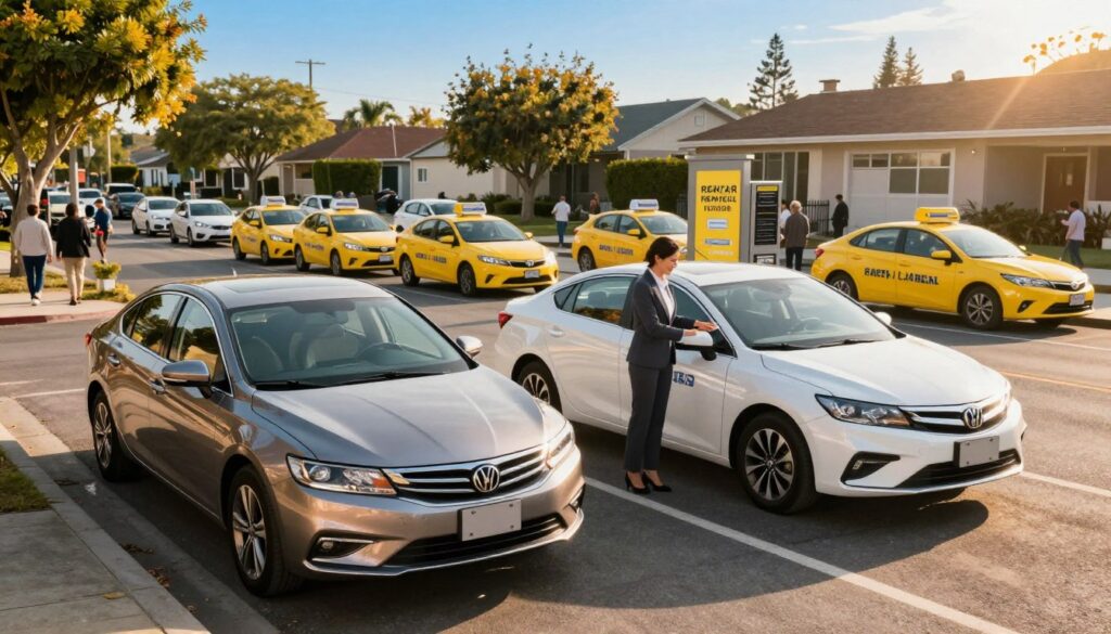 A split-scene image illustrating the choice between owning a car, renting, or using a fleet for ride-sharing. In the foreground, a shiny, well-maintained sedan represents car ownership, parked on a quiet suburban street during golden hour, with warm sunlight glinting off its surface. Next to it, a rental car, sleek and new, is prominently displayed at a car rental service, with a cheerful professional in business attire assisting a customer. In the background, a fleet of bright, branded cars lined up at a bustling urban ride-sharing hub, with dynamic and busy streets filled with commuters. The atmosphere conveys decision-making, with an air of professionalism and opportunity, under clear blue skies. Use a wide-angle lens to capture the full scene, focusing on vivid colors and sharp details.
