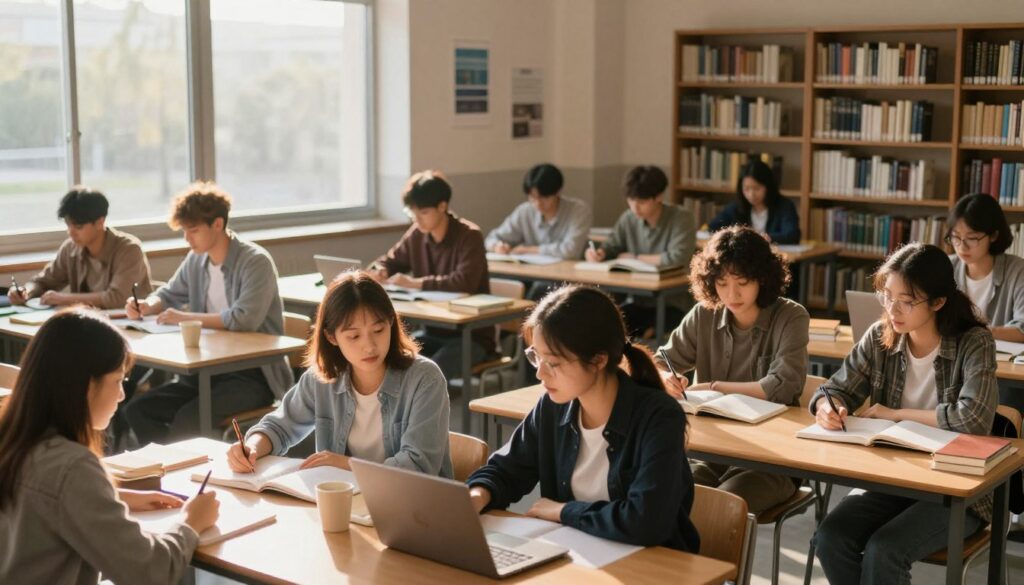 A split-scene image illustrating the differences between daytime and evening study sessions at university. In the foreground, depict a lively daytime classroom filled with students studying together, with bright sunlight streaming through large windows, creating a warm, inviting atmosphere. Students of diverse backgrounds are engaged in discussions, taking notes, and using laptops, all dressed in smart casual attire. In contrast, the middle ground shows a quieter evening study environment, with individual students at small tables in a cozy library, focused on their books. Soft, ambient lighting casts a calming glow, enhancing a more serious study mood. The background includes elements like bookshelves filled with textbooks and inspirational posters, contributing to an academic ambiance. The overall image should convey the contrasting dynamics and environments of daily and part-time study sessions in a university context.