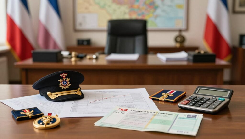A striking composition showcasing the various allowances and benefits that elevate a colonel's salary in the Polish Army. In the foreground, neatly arranged military insignia, decorations, and items symbolizing financial benefits, such as charts, a calculator, and military pay slips, creating a sense of authority. The middle layer features a polished wooden desk, reinforcing a professional environment. In the background, a softly blurred image of a military office, complete with flags, a map, and military memorabilia, adds context to the setting. The lighting is warm and inviting, emphasizing the seriousness yet honor of military service. The overall mood reflects professionalism, ambition, and respect for service members, perfect for an insightful article section.
