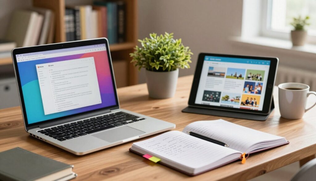 A study workspace featuring a sleek laptop, an open notebook, and a modern tablet arranged on a wooden desk. In the foreground, the laptop screen displays a vibrant, colorful study interface, while the notebook, with handwritten notes and colorful sticky tabs, lies invitingly next to it. The tablet, slightly angled, shows an educational app interface. In the middle ground, a potted plant adds a touch of greenery, and a stylish coffee mug sits beside the notebook. The background reveals a softly lit room with bookshelves filled with books, creating a cozy and inspiring atmosphere. Natural light filters through a nearby window, casting gentle shadows, emphasizing a focus on productivity and learning. The overall mood is calm and organized, perfect for effective study sessions.