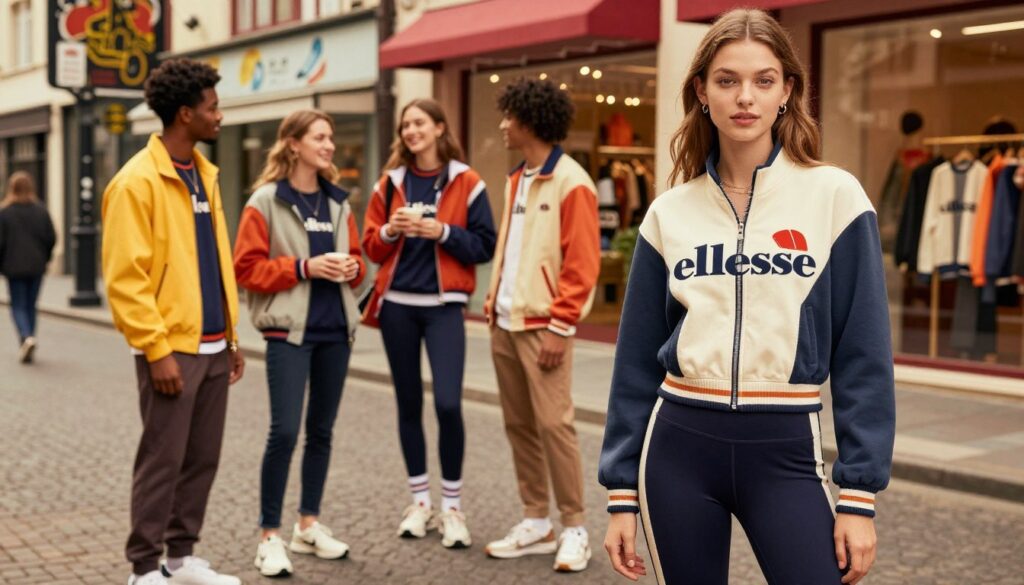 A stylish and modern fashion scene featuring a diverse group of individuals dressed in Ellesse sportswear, showcasing the brand's vibrant colors and retro designs. In the foreground, a young woman in a sleek Ellesse jacket and athletic leggings poses confidently, exuding a sense of trendiness. In the middle ground, a group of friends are enjoying a casual day out, wearing matching Ellesse apparel, smiling and engaging with one another. The background features a bustling urban setting with trendy shops and street art, capturing the essence of contemporary fashion culture. The lighting is warm and inviting, with a soft glow that highlights the textures of the clothing. The mood is energetic and stylish, celebrating the blend of sport and fashion. A stylish and modern fashion scene featuring a diverse group of individuals dressed in Ellesse sportswear, showcasing the brand's vibrant colors and retro designs. In the foreground, a young woman in a sleek Ellesse jacket and athletic leggings poses confidently, exuding a sense of trendiness. In the middle ground, a group of friends are enjoying a casual day out, wearing matching Ellesse apparel, smiling and engaging with one another. The background features a bustling urban setting with trendy shops and street art, capturing the essence of contemporary fashion culture. The lighting is warm and inviting, with a soft glow that highlights the textures of the clothing. The mood is energetic and stylish, celebrating the blend of sport and fashion.