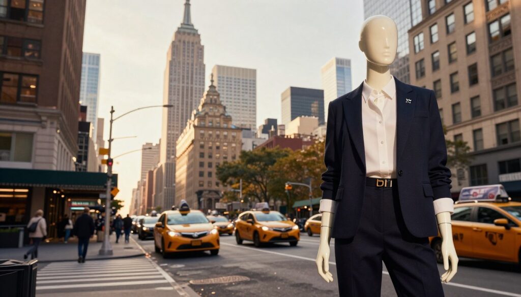 A stylish and sophisticated scene showcasing the essence of DKNY, symbolizing the brand's connection to New York City. In the foreground, a fashionable mannequin dressed in a chic DKNY outfit exudes modern elegance. In the middle ground, a bustling urban street scene captures the energetic vibe of Manhattan, with iconic skyscrapers and yellow cabs. The background features the famous New York skyline, bathed in soft golden hour lighting, creating warm shadows and enhancing the ambiance. The mood is vibrant yet professional, reflecting DKNY’s role in contemporary fashion. The image should evoke a sense of urban luxury, showcasing the brand as both accessible and aspirational. Use a wide-angle lens to capture the expansive city feel, while ensuring a balanced composition. A stylish and sophisticated scene showcasing the essence of DKNY, symbolizing the brand's connection to New York City. In the foreground, a fashionable mannequin dressed in a chic DKNY outfit exudes modern elegance. In the middle ground, a bustling urban street scene captures the energetic vibe of Manhattan, with iconic skyscrapers and yellow cabs. The background features the famous New York skyline, bathed in soft golden hour lighting, creating warm shadows and enhancing the ambiance. The mood is vibrant yet professional, reflecting DKNY’s role in contemporary fashion. The image should evoke a sense of urban luxury, showcasing the brand as both accessible and aspirational. Use a wide-angle lens to capture the expansive city feel, while ensuring a balanced composition.