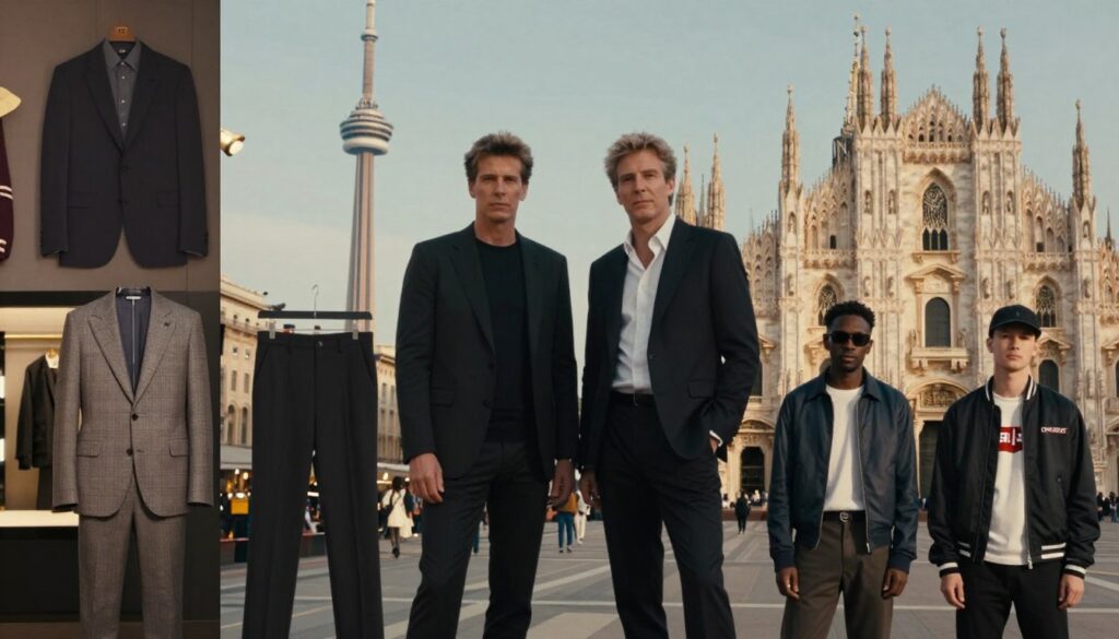 A stylish collage that captures the evolution of the Dsquared2 brand, highlighting key moments from its origin in Toronto to its rise in Milan. In the foreground, display iconic fashion pieces from the collections, like tailored suits and casual streetwear, arranged artistically. The middle ground features silhouettes of the founding duo, Dean and Dan Caten, dressed in modern, professional attire, symbolizing their creative journey. In the background, blend elements that signify both cities, such as the CN Tower merging into the Milan Cathedral, representing the brand's transition. Use warm, ambient lighting to create a vibrant atmosphere, showcasing sophistication and creativity, while employing a shallow depth of field to focus on the fashion elements. Capture this scene from a slightly elevated angle to encompass both the fashion and architectural elements seamlessly. A stylish collage that captures the evolution of the Dsquared2 brand, highlighting key moments from its origin in Toronto to its rise in Milan. In the foreground, display iconic fashion pieces from the collections, like tailored suits and casual streetwear, arranged artistically. The middle ground features silhouettes of the founding duo, Dean and Dan Caten, dressed in modern, professional attire, symbolizing their creative journey. In the background, blend elements that signify both cities, such as the CN Tower merging into the Milan Cathedral, representing the brand's transition. Use warm, ambient lighting to create a vibrant atmosphere, showcasing sophistication and creativity, while employing a shallow depth of field to focus on the fashion elements. Capture this scene from a slightly elevated angle to encompass both the fashion and architectural elements seamlessly.