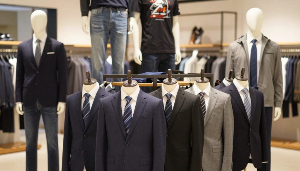 A stylish men's clothing display featuring a variety of fashionable outfits. In the foreground, showcase a neatly arranged selection of tailored suits in classic colors like navy, gray, and black, paired with crisp white shirts and elegant ties. The middle section includes casual wear, such as well-fitted jeans, graphic tees, and lightweight jackets, displayed on stylish mannequins. In the background, a modern retail environment with soft, warm lighting highlights the clothing, creating an inviting atmosphere. A subtle bokeh effect adds depth, emphasizing the clothing while maintaining a focus on professionalism. No people should be present in the scene, ensuring a clean and unobtrusive representation of men's fashion.