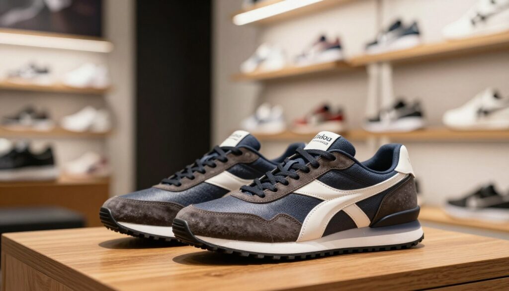 A stylish pair of premium Diadora sneakers displayed prominently in the foreground, showcasing their sleek design, rich texture, and intricate branding. The shoes should be placed on a polished wooden surface to highlight their luxury feel. In the middle ground, a blurred glimpse of a modern sneaker store with elegant lighting creates an inviting atmosphere, emphasizing the high-end status of the brand. The background should feature soft-focus shelves filled with various sports shoes, subtly illuminated to convey a high-quality retail environment. Use warm, natural lighting that enhances the colors and details of the sneakers. Capture the mood of sophistication and performance, suggesting the brand's premium quality and advanced technology in footwear.