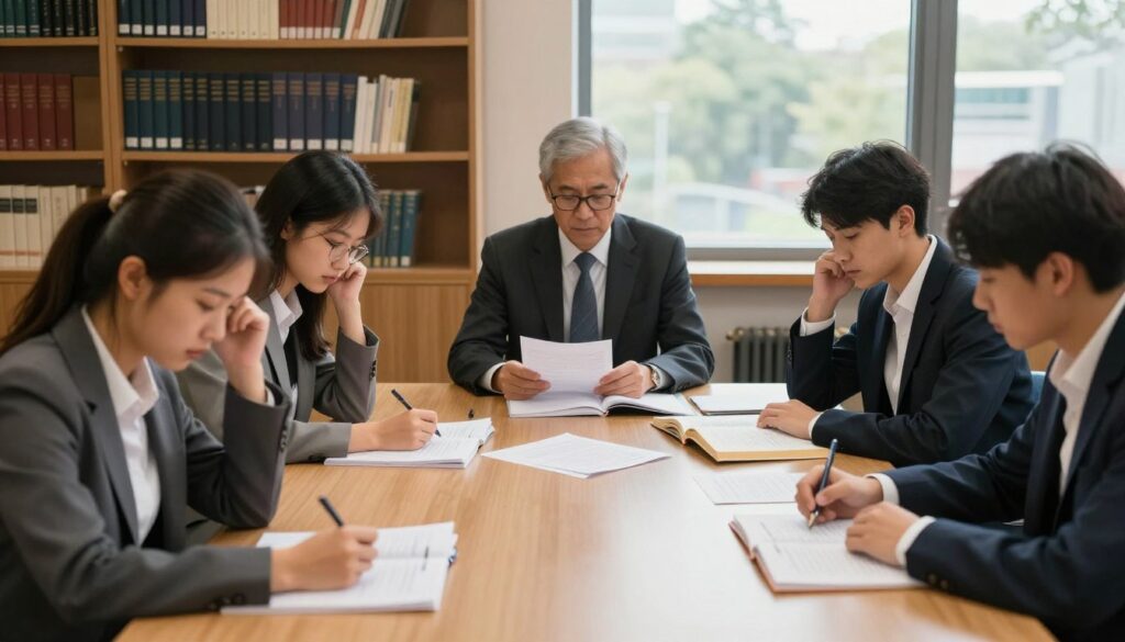 A tense examination room set in a university atmosphere, featuring a long wooden table with scattered papers and examination materials. In the foreground, a diverse group of well-dressed students, appearing focused and slightly anxious, reviews their notes and textbooks. In the middle, an authoritative professor in business attire sits opposite them, evaluating their performance with a serious expression. The background includes shelves filled with academic books and a large window letting in soft, natural daylight, creating a studious environment. The atmosphere is serious yet hopeful, capturing the essence of an important academic assessment, with warm lighting that highlights the determination in the students' faces.
