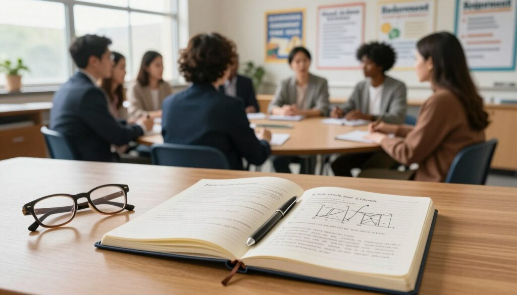 A thoughtful scene depicting the concept of education's role in retirement eligibility. In the foreground, an open notebook rests on a polished wooden desk, filled with detailed notes and diagrams about high school education and retirement contributions. A pair of professional glasses and a pen beside it emphasize focus on learning. In the middle ground, a diverse group of people in smart casual attire engage in discussion about the importance of high school education for retirement benefits, seated around a circular table. The background features a bright, well-lit classroom with educational posters about work experience and retirement rules adorning the walls. Soft, natural light streams in through large windows, creating a warm and inviting atmosphere, suggesting a blend of academic and practical life discussions. A thoughtful scene depicting the concept of education's role in retirement eligibility. In the foreground, an open notebook rests on a polished wooden desk, filled with detailed notes and diagrams about high school education and retirement contributions. A pair of professional glasses and a pen beside it emphasize focus on learning. In the middle ground, a diverse group of people in smart casual attire engage in discussion about the importance of high school education for retirement benefits, seated around a circular table. The background features a bright, well-lit classroom with educational posters about work experience and retirement rules adorning the walls. Soft, natural light streams in through large windows, creating a warm and inviting atmosphere, suggesting a blend of academic and practical life discussions.
