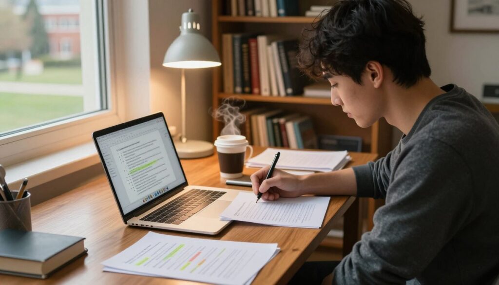 A thoughtful student seated at a polished wooden desk, deeply focused on writing a research paper. In the foreground, an open laptop displays a digital document filled with bullet points and annotated notes. Scattered papers show outlines and highlights of questions and objectives, symbolizing a structured thesis. To the side, a steaming cup of coffee adds a cozy yet productive atmosphere. The middle background features a bookshelf filled with academic texts and a softly glowing desk lamp that casts warm light, creating a welcoming ambiance. In the backdrop, a window reveals a serene view of a campus landscape, suggesting the hustle of university life. The mood is calm and focused, perfect for academic work. The scene is captured from a slightly elevated angle to showcase the environment and the student’s engagement with the task at hand.