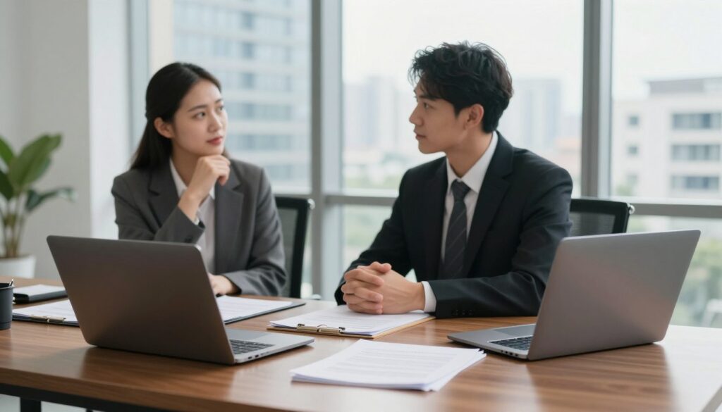 A tranquil office setting depicting a professional legal discussion on real estate. In the foreground, a polished wooden table is adorned with legal documents and a laptop, symbolizing thorough research. Slightly blurred in the middle, two business professionals in formal attire engage in serious conversation, their expressions reflecting deep focus and contemplation. In the background, a large window reveals a cityscape view filled with modern buildings, under soft, natural daylight emphasizing a bright and hopeful atmosphere. The scene is captured from a slight angle, highlighting the dynamics of the conversation, while maintaining a serene and respectful mood appropriate for a legal context. The colors are warm and inviting, promoting a sense of professionalism and clarity.