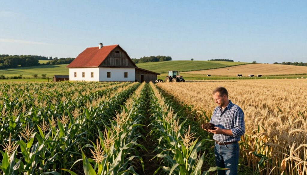A typical Polish farm landscape featuring a modest farmhouse, a well-maintained barn, and rolling fields of crops under a clear blue sky. In the foreground, a farmer in smart casual clothing inspects some crops, holding a soil sample while looking thoughtful. The middle ground showcases rows of tall corn and wheat stretching toward the horizon, with a small tractor parked nearby. The background includes gentle hills and a few grazing cattle. Soft, warm sunlight bathes the scene, casting gentle shadows and enhancing the rich colors of the landscape, conveying a sense of prosperity and tranquility. The atmosphere is peaceful and industrious, evoking the essence of rural life in Poland.