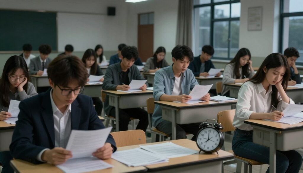 A university examination room filled with students, with a somber atmosphere reflecting the theme of absence. In the foreground, an empty desk with scattered papers and a clock showing time running out. In the middle, a few students dressed in professional attire or modest casual clothing, anxiously looking at their papers. Some are whispering to each other, their expressions focused but worried. The background features dimmed lights with large windows showing a gloomy day outside, enhancing the feeling of tension and concern about missing exams. The overall lighting is soft and slightly shadowy, creating a serious mood. Capture the essence of uncertainty and the weight of consequences associated with absence. A university examination room filled with students, with a somber atmosphere reflecting the theme of absence. In the foreground, an empty desk with scattered papers and a clock showing time running out. In the middle, a few students dressed in professional attire or modest casual clothing, anxiously looking at their papers. Some are whispering to each other, their expressions focused but worried. The background features dimmed lights with large windows showing a gloomy day outside, enhancing the feeling of tension and concern about missing exams. The overall lighting is soft and slightly shadowy, creating a serious mood. Capture the essence of uncertainty and the weight of consequences associated with absence.