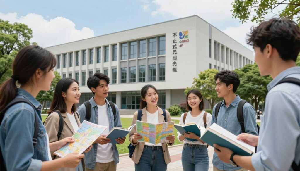 A vibrant academic scene showcasing various university study paths after extended geography studies. In the foreground, a diverse group of students, dressed in smart casual attire, engage in animated discussion while holding maps and books, symbolizing their future choices. The middle ground features a large, modern university building with clear signage of different faculties like environmental studies, urban planning, and international relations. The background showcases a beautiful campus with green trees and blue skies, evoking a sense of opportunity and inspiration. Soft, natural lighting illuminates the scene, accentuating the students' enthusiasm while providing a welcoming atmosphere. The lens captures the campus from a slight low angle to convey a sense of grandeur and possibility.