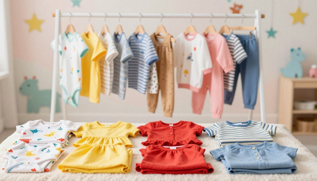 A vibrant and cheerful scene of children's clothing, showcasing an array of colorful outfits for babies and toddlers. In the foreground, neatly folded garments such as playful onesies, bright dresses, and cozy sweaters are artistically arranged on a soft blanket. In the middle, a stylish display rack features an assortment of patterned shirts and pants, reflecting a variety of textures and designs suitable for young children. The background includes softly blurred pastel walls adorned with whimsical decorations like stars and animals, creating a welcoming atmosphere. Warm, natural lighting adds a cozy touch, evoking a sense of joy and comfort. The overall mood is playful and inviting, perfect for highlighting high-quality, stylish children's apparel. A vibrant and cheerful scene of children's clothing, showcasing an array of colorful outfits for babies and toddlers. In the foreground, neatly folded garments such as playful onesies, bright dresses, and cozy sweaters are artistically arranged on a soft blanket. In the middle, a stylish display rack features an assortment of patterned shirts and pants, reflecting a variety of textures and designs suitable for young children. The background includes softly blurred pastel walls adorned with whimsical decorations like stars and animals, creating a welcoming atmosphere. Warm, natural lighting adds a cozy touch, evoking a sense of joy and comfort. The overall mood is playful and inviting, perfect for highlighting high-quality, stylish children's apparel.