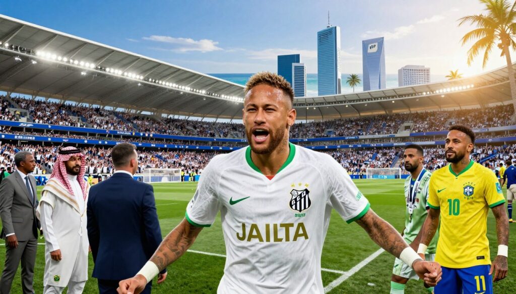 A vibrant and detailed football scene illustrating the financial contrast between Neymar's career in Saudi Arabia with Al-Hilal and his beginnings in Brazil with Santos. In the foreground, portray Neymar wearing an Al-Hilal jersey, celebrating a goal, with excitement on his face and teammates surrounding him in professional sports attire. In the middle ground, depict a split view: on one side, the modern stadium of Al-Hilal with a jubilant crowd and nighttime illumination, and on the other, the historic Santos stadium filled with passionate fans under bright sunlight. The background should feature iconic elements from both Saudi Arabia and Brazil, such as palm trees and the skyline of Riyadh contrasted with coastal views of Santos. The mood is energetic and celebratory, capturing the essence of football's impact and Neymar's impressive career journey. A vibrant and detailed football scene illustrating the financial contrast between Neymar's career in Saudi Arabia with Al-Hilal and his beginnings in Brazil with Santos. In the foreground, portray Neymar wearing an Al-Hilal jersey, celebrating a goal, with excitement on his face and teammates surrounding him in professional sports attire. In the middle ground, depict a split view: on one side, the modern stadium of Al-Hilal with a jubilant crowd and nighttime illumination, and on the other, the historic Santos stadium filled with passionate fans under bright sunlight. The background should feature iconic elements from both Saudi Arabia and Brazil, such as palm trees and the skyline of Riyadh contrasted with coastal views of Santos. The mood is energetic and celebratory, capturing the essence of football's impact and Neymar's impressive career journey.