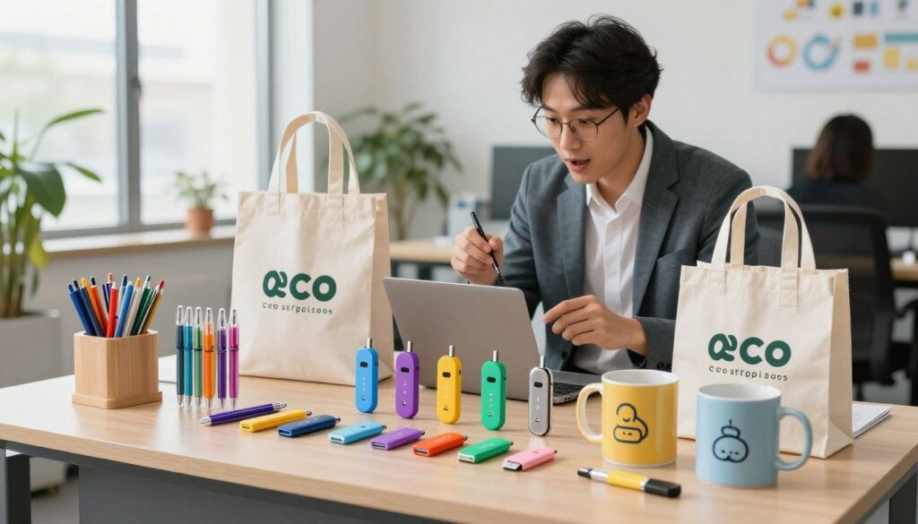 A vibrant and dynamic array of promotional gadgets displayed on a modern office desk, showcasing innovative designs that attract customer attention. In the foreground, a colorful assortment of branded items such as stylish pens, eco-friendly tote bags, sleek USB drives, and custom mugs are artfully arranged. The middle ground features a professional-looking person in smart casual attire, engaging with the gadgets, exuding a sense of curiosity and excitement. In the background, a bright and airy office environment is visible through large windows, with natural light streaming in, enhancing the appeal of the gadgets. The atmosphere is lively and engaging, reflecting a creative workspace filled with inspiring promotional ideas. The image is captured at a slight angle with a soft-focus background to emphasize the gadgets. A vibrant and dynamic array of promotional gadgets displayed on a modern office desk, showcasing innovative designs that attract customer attention. In the foreground, a colorful assortment of branded items such as stylish pens, eco-friendly tote bags, sleek USB drives, and custom mugs are artfully arranged. The middle ground features a professional-looking person in smart casual attire, engaging with the gadgets, exuding a sense of curiosity and excitement. In the background, a bright and airy office environment is visible through large windows, with natural light streaming in, enhancing the appeal of the gadgets. The atmosphere is lively and engaging, reflecting a creative workspace filled with inspiring promotional ideas. The image is captured at a slight angle with a soft-focus background to emphasize the gadgets.