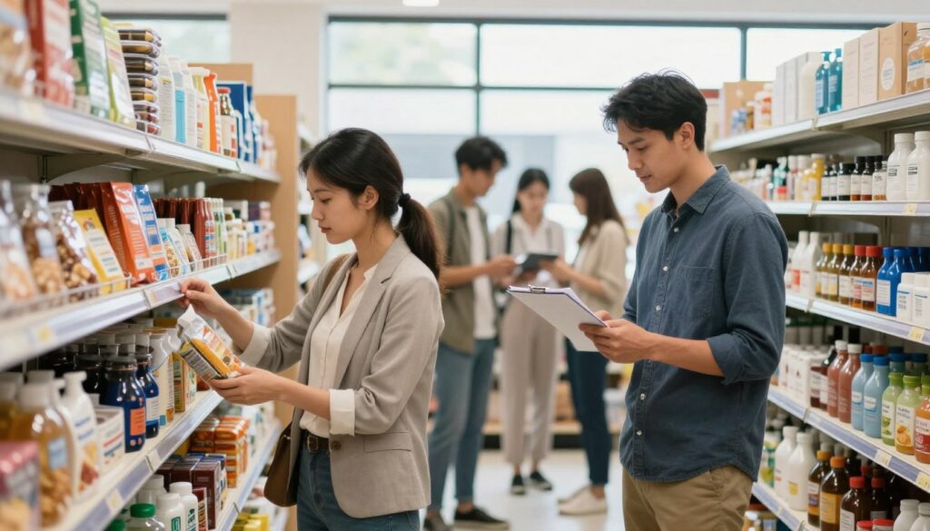 A vibrant, busy wholesale store interior showcasing a diverse group of individuals engaged in shopping, emphasizing practical scenarios for private customers and small businesses. In the foreground, a woman in professional attire browses through products, examining items with focus. Beside her, a man in casual but tidy clothing checks his shopping list, demonstrating a cooperative atmosphere. In the middle ground, various shelves are neatly arranged with merchandise, highlighting a mix of bulk goods, food items, and office supplies. The background features bright, natural lighting filtering through large windows, creating an inviting and energetic ambiance. The scene conveys a sense of accessibility, community, and the importance of safe shopping practices, embodying a welcoming environment for both private customers and small business owners. A vibrant, busy wholesale store interior showcasing a diverse group of individuals engaged in shopping, emphasizing practical scenarios for private customers and small businesses. In the foreground, a woman in professional attire browses through products, examining items with focus. Beside her, a man in casual but tidy clothing checks his shopping list, demonstrating a cooperative atmosphere. In the middle ground, various shelves are neatly arranged with merchandise, highlighting a mix of bulk goods, food items, and office supplies. The background features bright, natural lighting filtering through large windows, creating an inviting and energetic ambiance. The scene conveys a sense of accessibility, community, and the importance of safe shopping practices, embodying a welcoming environment for both private customers and small business owners.