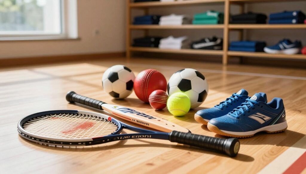 A vibrant display of various Slazenger sports equipment arranged aesthetically on a wooden gym floor. In the foreground, highlight a high-quality tennis racket, a cricket bat, and a pair of squash shoes, showcasing their brand details. In the middle ground, feature a diverse collection of sports balls, including a tennis ball, cricket ball, and a squash ball, neatly lined up. The background should have shelves filled with Slazenger branded apparel, subtly blurred to keep focus on the equipment. Warm, natural light streams through a nearby window, creating inviting shadows that enhance the details of the products. The overall atmosphere is energetic and focused, ideal for sports enthusiasts.