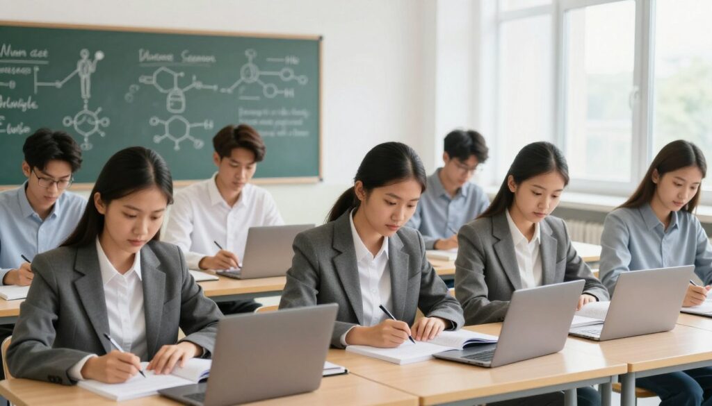 A vibrant educational scene set in a modern university classroom filled with students studying for their matura exams. In the foreground, a diverse group of students of various ethnicities, dressed in professional business attire, are focused on their textbooks and laptops, highlighting a collaborative study atmosphere. In the middle ground, a chalkboard filled with diagrams and notes about biology and chemistry illustrates the subjects they are preparing for. The background features large windows allowing natural light to pour in, enhancing the study environment. The overall mood should be one of determination and academic pursuit, evoking a sense of focus and ambition as these students prepare for their futures. The lighting is bright and inviting, emphasizing an energized learning space.