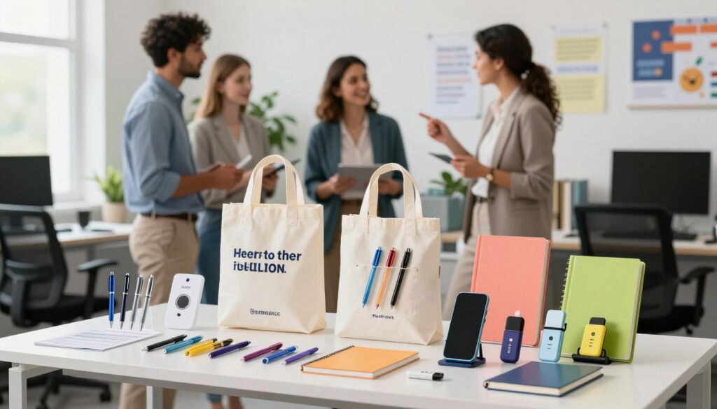 A vibrant, engaging display of promotional gadgets, showcasing various items such as branded pens, stylish tote bags, colorful notebooks, and tech accessories like USB drives and phone stands. In the foreground, a modern office desk is adorned with these gadgets, emphasizing their practicality. In the middle ground, a diverse group of professionals—two men and two women—dressed in smart business attire, are animatedly discussing the benefits of using promotional items. The background features a light-filled office environment, with greenery and motivational posters on the walls, creating a positive and inspiring atmosphere. Soft, natural lighting enhances the scene, while a slight depth of field brings focus to the gadgets, highlighting their appeal and effectiveness as marketing tools. A vibrant, engaging display of promotional gadgets, showcasing various items such as branded pens, stylish tote bags, colorful notebooks, and tech accessories like USB drives and phone stands. In the foreground, a modern office desk is adorned with these gadgets, emphasizing their practicality. In the middle ground, a diverse group of professionals—two men and two women—dressed in smart business attire, are animatedly discussing the benefits of using promotional items. The background features a light-filled office environment, with greenery and motivational posters on the walls, creating a positive and inspiring atmosphere. Soft, natural lighting enhances the scene, while a slight depth of field brings focus to the gadgets, highlighting their appeal and effectiveness as marketing tools.