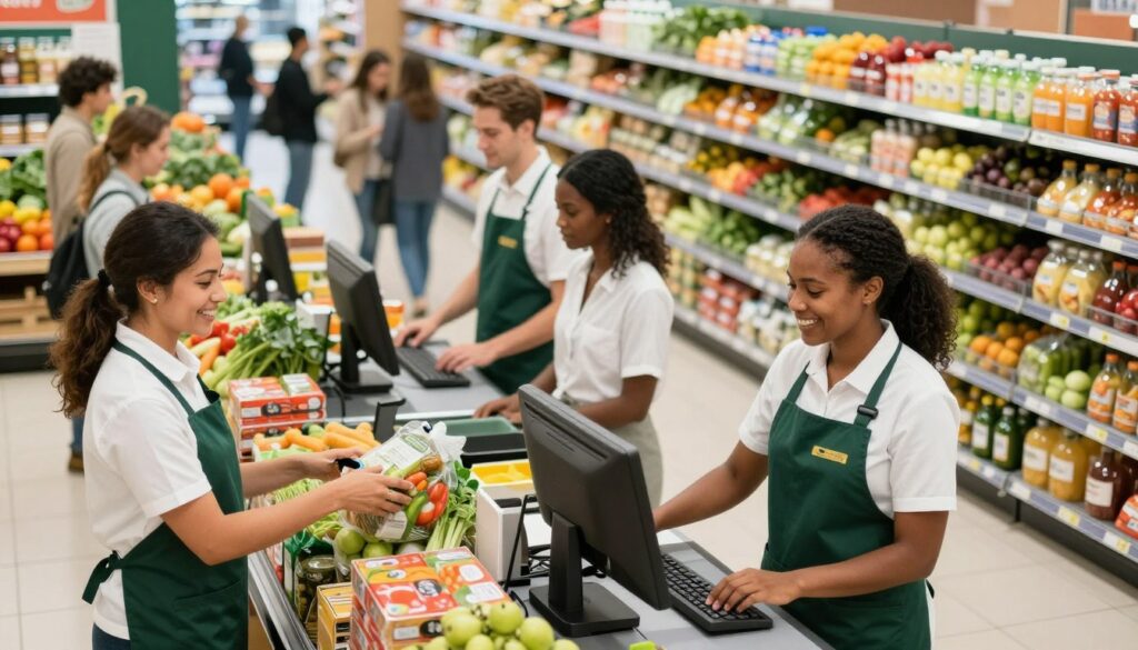 A vibrant grocery store scene featuring a diverse group of professional cashiers in smart uniforms, engaged in their work with a friendly demeanor. In the foreground, a cheerful female cashier scans groceries with a smile, while a male cashier stacks products on the checkout counter. The middle ground shows neatly arranged shelves filled with fresh produce and packaged goods, conveying a bustling shopping environment. In the background, well-lit aisles are populated with customers shopping, creating a lively atmosphere. The lighting is bright and inviting, with a focus on the cashiers' expressions, captured from a slightly elevated angle to provide a comprehensive view of the store's interior. The overall mood is energetic and positive, illustrating teamwork and customer service in a retail setting.