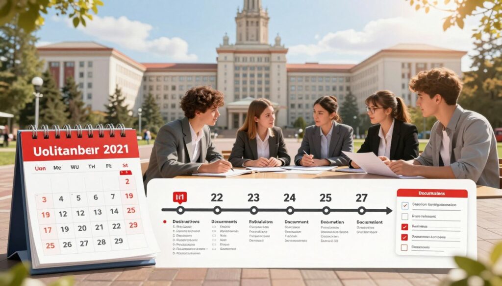 A vibrant illustration of a university admission timeline in Poland, showcasing key recruitment deadlines. In the foreground, a detailed calendar with highlighted dates, and a checklist of required documents, such as application forms, transcripts, and ID. The middle section features students in professional business attire, engaged in discussion over the timeline, symbolizing collaboration and preparation. The background presents a modern university campus with iconic Polish architecture, bathed in warm sunlight. The atmosphere is focused and inspiring, suggesting urgency and excitement about education. Use a wide-angle lens to capture all elements, with soft, natural lighting to create a welcoming and motivating environment. A vibrant illustration of a university admission timeline in Poland, showcasing key recruitment deadlines. In the foreground, a detailed calendar with highlighted dates, and a checklist of required documents, such as application forms, transcripts, and ID. The middle section features students in professional business attire, engaged in discussion over the timeline, symbolizing collaboration and preparation. The background presents a modern university campus with iconic Polish architecture, bathed in warm sunlight. The atmosphere is focused and inspiring, suggesting urgency and excitement about education. Use a wide-angle lens to capture all elements, with soft, natural lighting to create a welcoming and motivating environment.