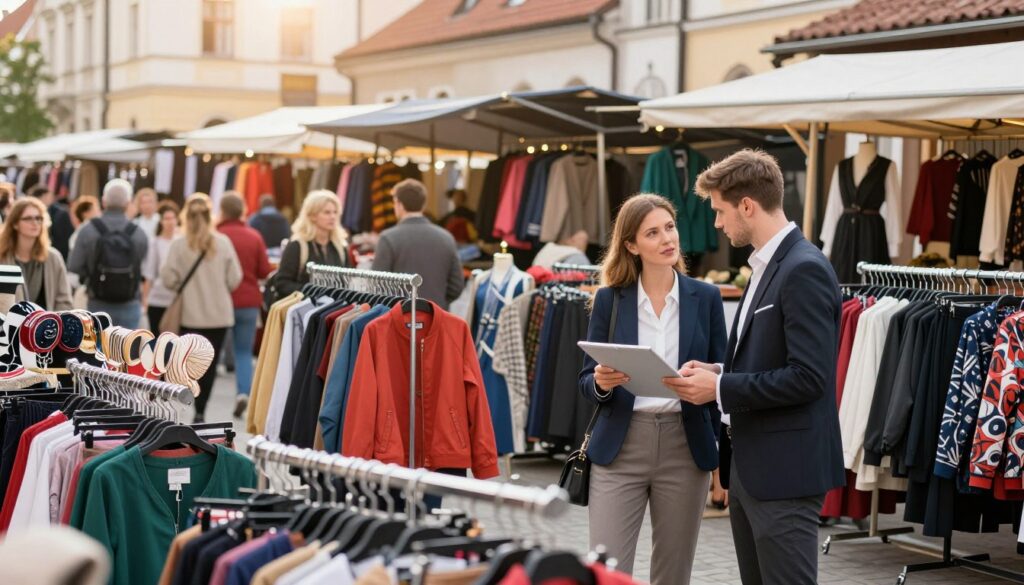 A vibrant scene of a bustling clothing market in Poland, showcasing a variety of shops selling stylish attire. In the foreground, a well-dressed male and female model engaged in discussing fashion choices, wearing smart casual clothing. The middle layer features clothes racks filled with colorful garments, from trendy jackets to chic accessories, creating an inviting atmosphere. In the background, a lively crowd enjoying the shopping experience, with traditional Polish architecture subtly blended into the scene. Soft, natural lighting enhances the colors and textures of the clothing, while a slight warm sunlit glow adds a cheerful mood. The angle is eye-level, providing an immersive view of the market's energy and activity.