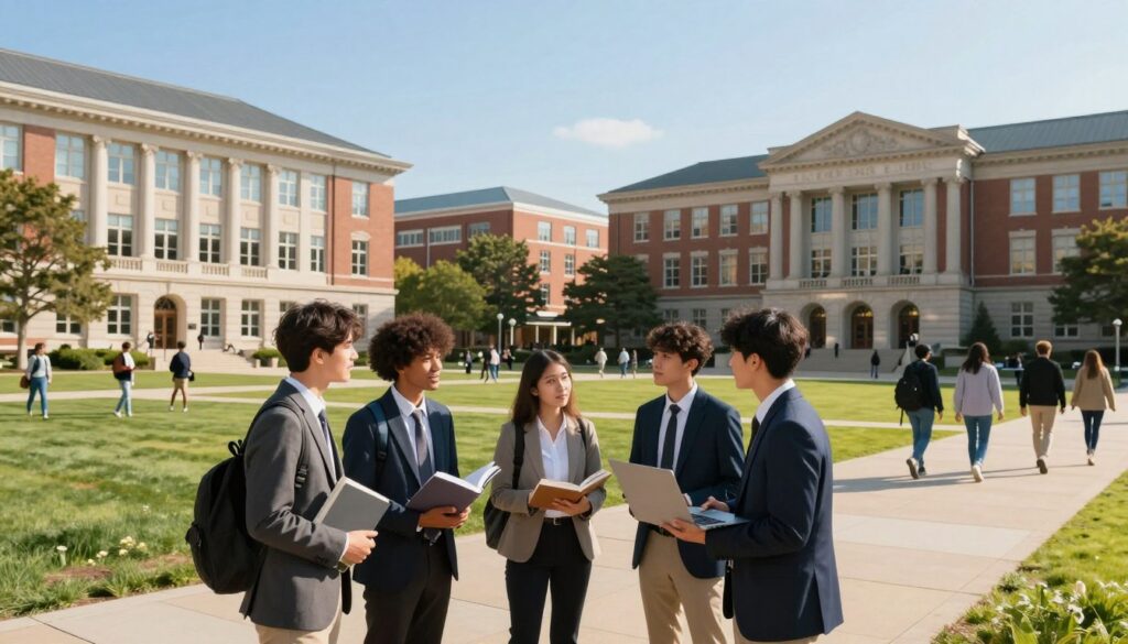 A vibrant university campus scene showcasing both public and private institutions. In the foreground, a diverse group of students in professional business attire is discussing their future education paths, with books and laptops in hand. The middle layer features modern and classical architecture of university buildings, blending styles to represent both private and public institutions. In the background, a clear blue sky is illuminated by soft sunlight, casting warm shadows on the manicured lawns and pathways filled with students and faculty. The atmosphere is positive and encouraging, reflecting aspiration and academic ambition. The lens captures a wide-angle view to encompass the bustling campus life and the architectural beauty surrounding the students.