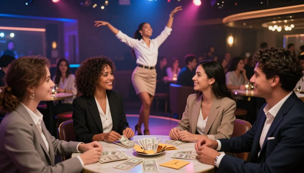A vibrant, well-lit scene set in a classy nightclub. In the foreground, a diverse group of elegantly dressed patrons seated at a round table, smiling and engaging with one another, with a visible assortment of cash tips and small envelopes on the table, symbolizing gratuities. In the middle ground, a professional dancer wearing stylish, modest business attire is performing gracefully on a small stage, surrounded by soft ambient lighting, enhancing the festive atmosphere. The background features colorful lights and a lively crowd, adding to the dynamic environment of the club. The lens captures an inviting mood, with a focus on the interactions and the appreciation for the dancer's skill, emphasizing the theme of earnings and tips in this entertainment setting.