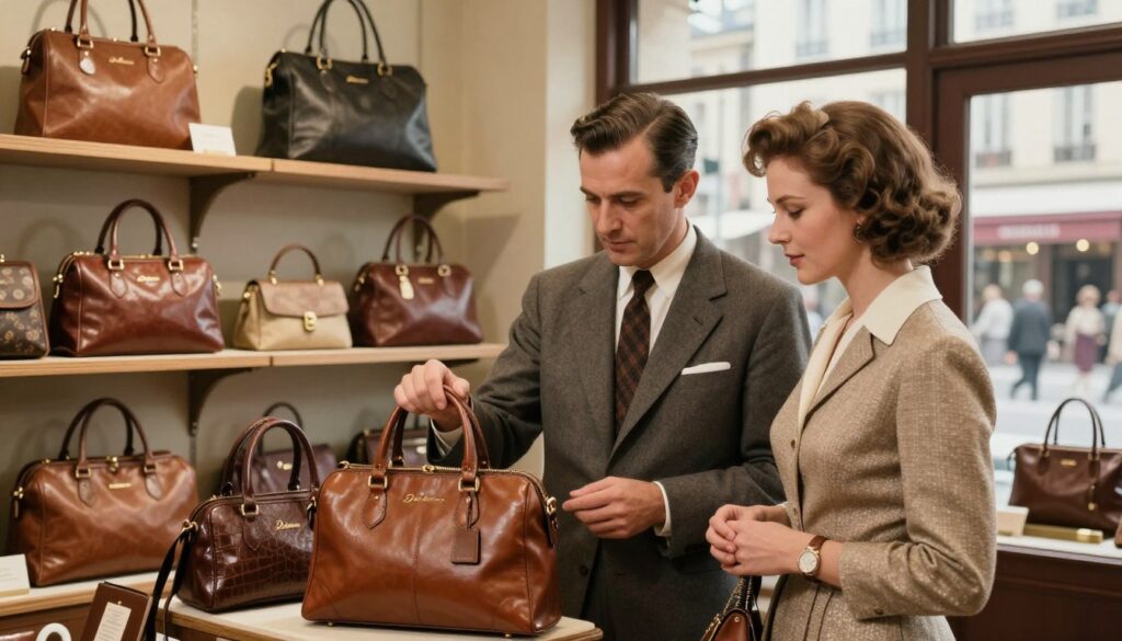 A vintage-inspired scene depicting the origins of the Don Donna brand. In the foreground, a well-dressed gentleman and a professionally attired woman, both in 1960s fashion, are examining elegant leather handbags and accessories in a cozy boutique setting. The middle ground features shelves adorned with various Don Donna products, showcasing the craftsmanship and quality of the items. In the background, a large window reveals a bustling street scene of a picturesque European city, hinting at the brand's heritage. Soft, warm lighting bathes the shop, creating an inviting atmosphere that evokes nostalgia. A shallow depth of field focuses on the characters while still capturing the essence of the brand’s history. A vintage-inspired scene depicting the origins of the Don Donna brand. In the foreground, a well-dressed gentleman and a professionally attired woman, both in 1960s fashion, are examining elegant leather handbags and accessories in a cozy boutique setting. The middle ground features shelves adorned with various Don Donna products, showcasing the craftsmanship and quality of the items. In the background, a large window reveals a bustling street scene of a picturesque European city, hinting at the brand's heritage. Soft, warm lighting bathes the shop, creating an inviting atmosphere that evokes nostalgia. A shallow depth of field focuses on the characters while still capturing the essence of the brand’s history.